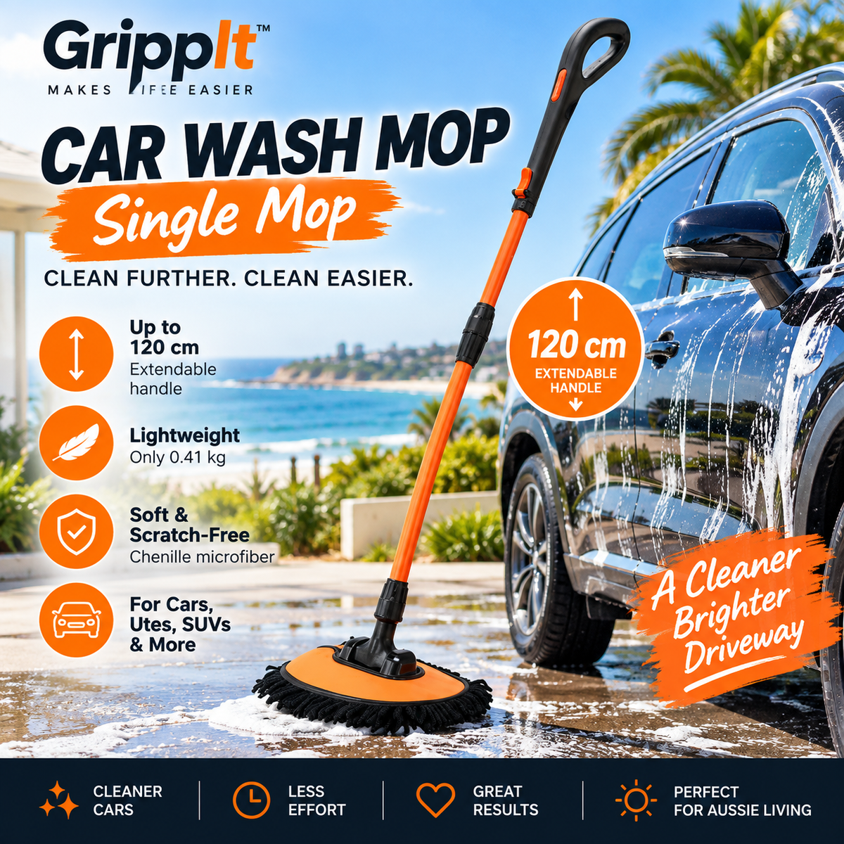 Single long handle chenille car wash mop with 120 cm extendable handle for cars, SUVs and utes