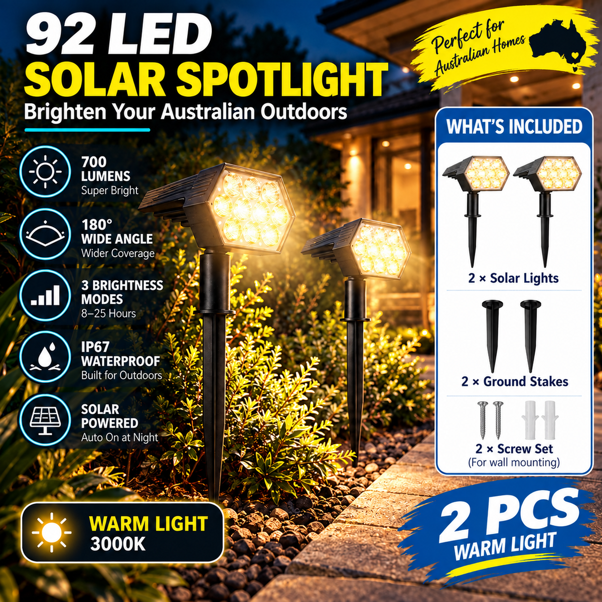 Two 92 LED solar garden spotlights with warm 3000K light, ground stakes and wall mounting set
