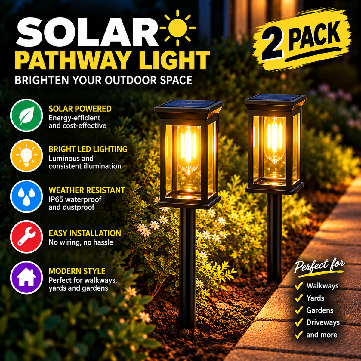 Two solar LED pathway lights with warm illumination, installed beside a garden walkway for outdoor lighting