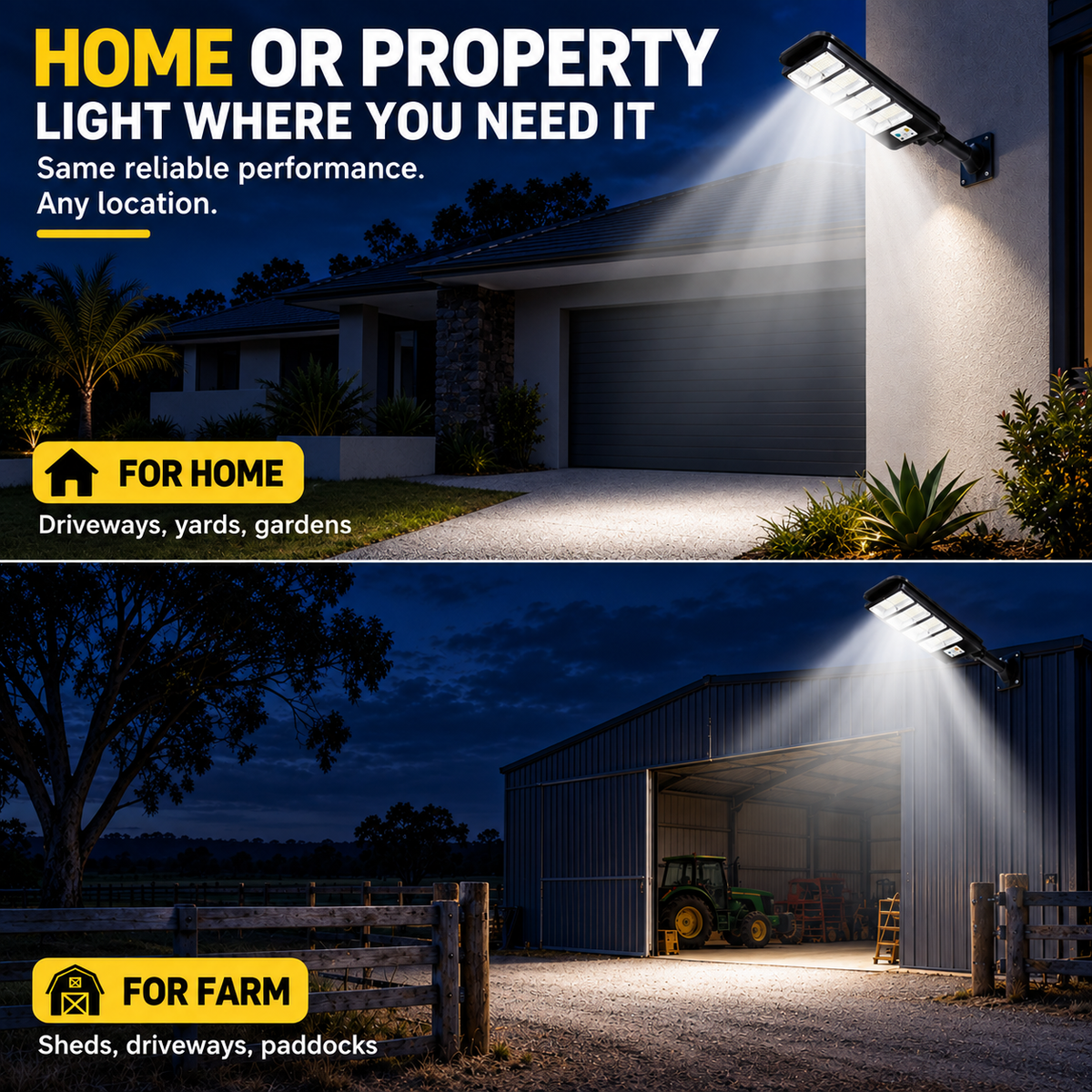 Solar outdoor light for homes and rural properties, ideal for driveways, yards, gardens, sheds and farm areas