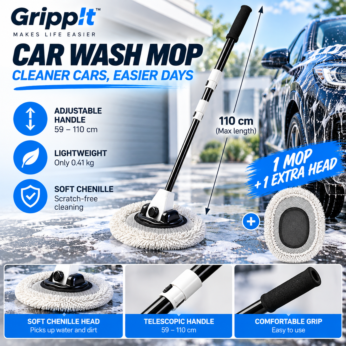 110cm Telescopic Car Wash Mop – 90° Angled Chenille Cleaning Brush