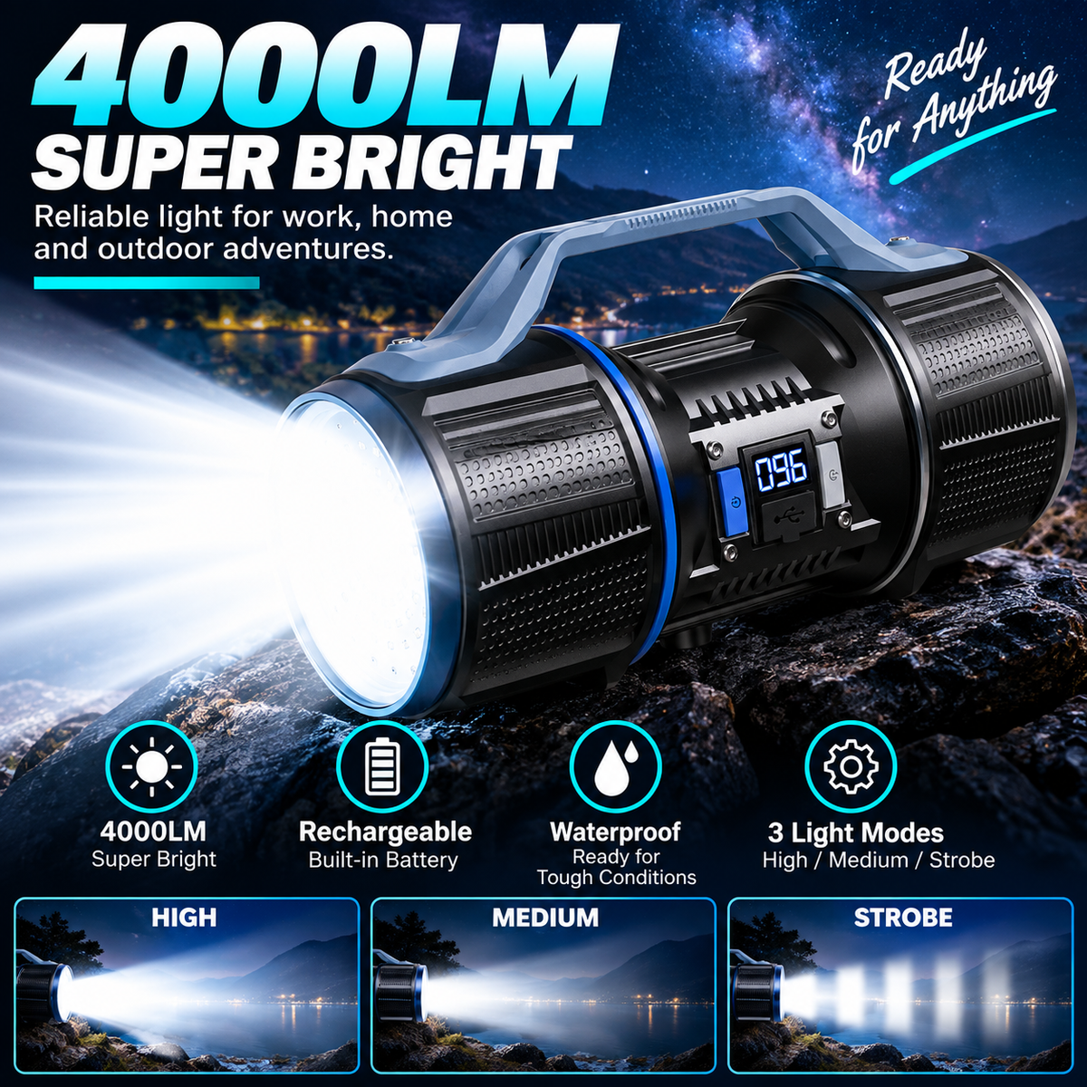 Waterproof Outdoor & Emergency Torch-4000LM Rechargeable LED Flashlight