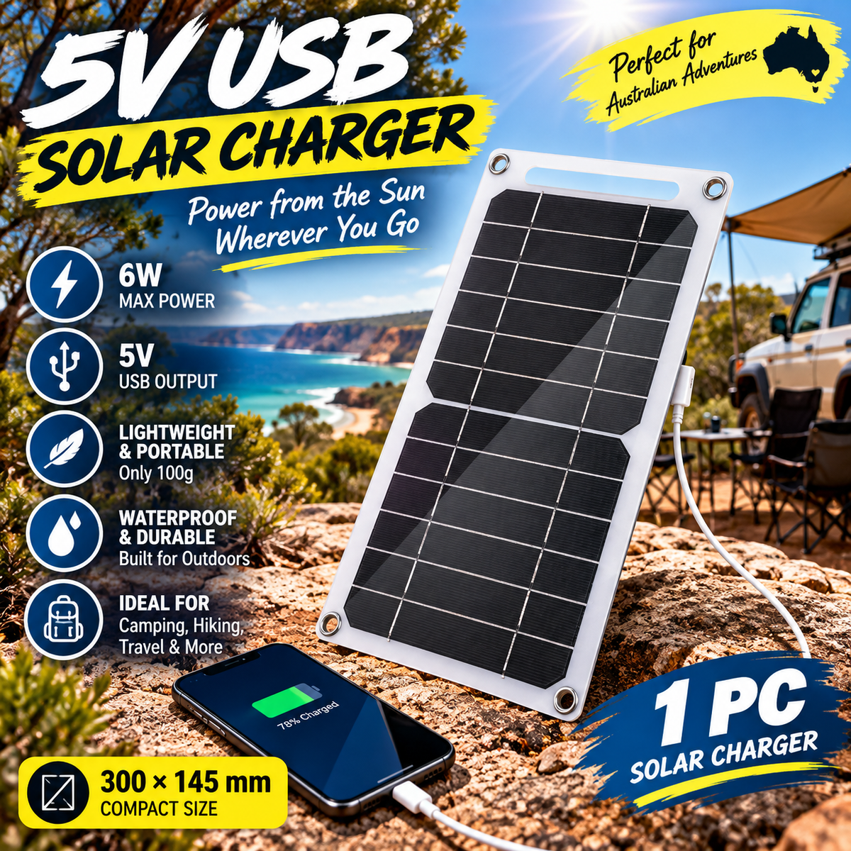 Portable 5V USB solar charger with lightweight 300 × 145 mm design, ideal for camping, hiking, travel and outdoor adventures