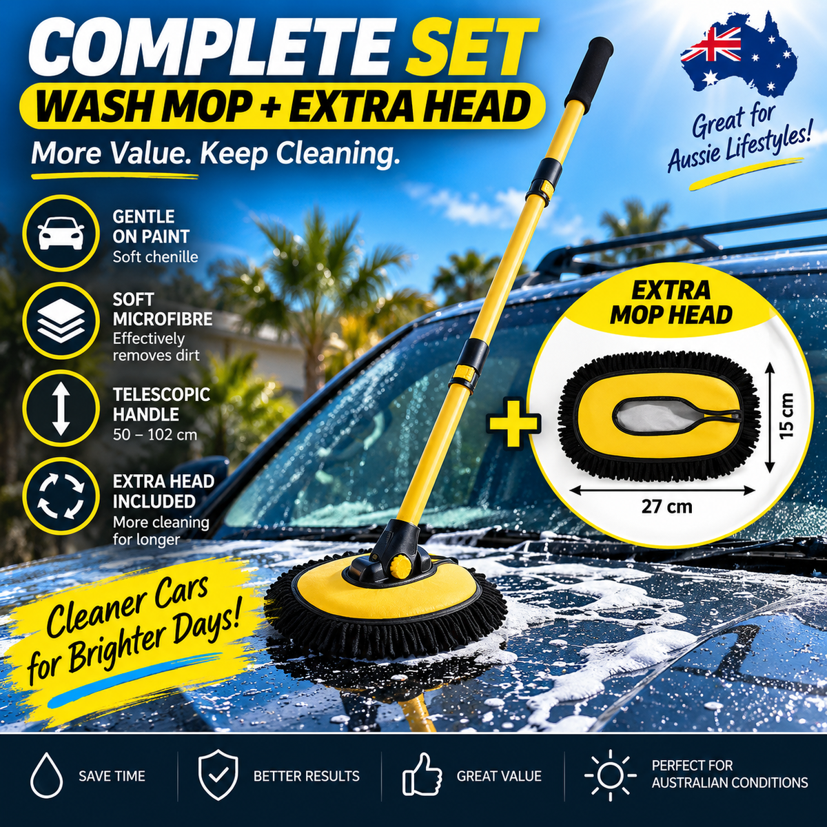 Telescopic Car Wash Mop – Easy Reach Chenille Cleaning Brush