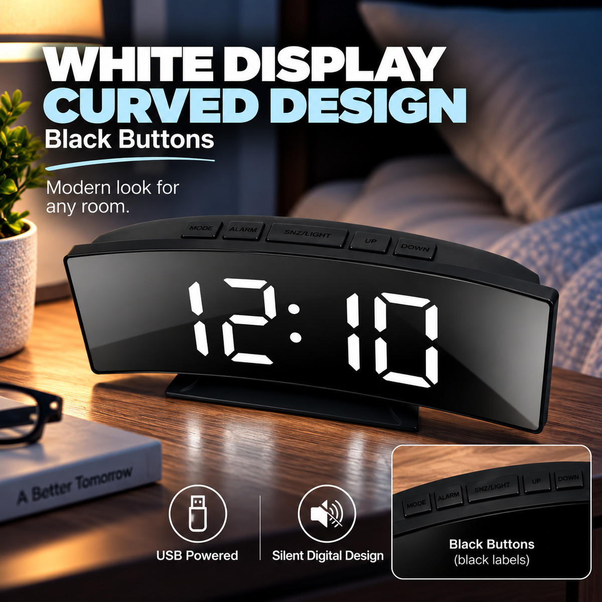 Digital LED alarm clock with white display, curved design, black buttons, USB power and silent operation