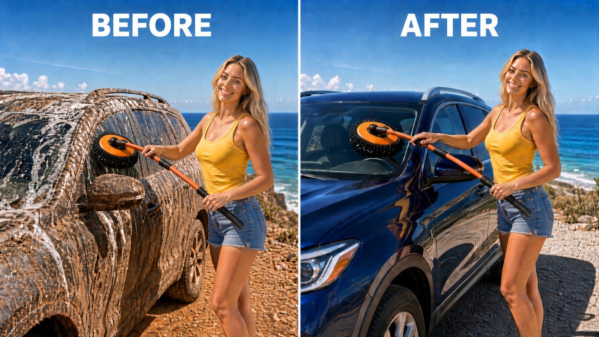 Before and after car wash comparison showing a long handle chenille mop cleaning an SUV