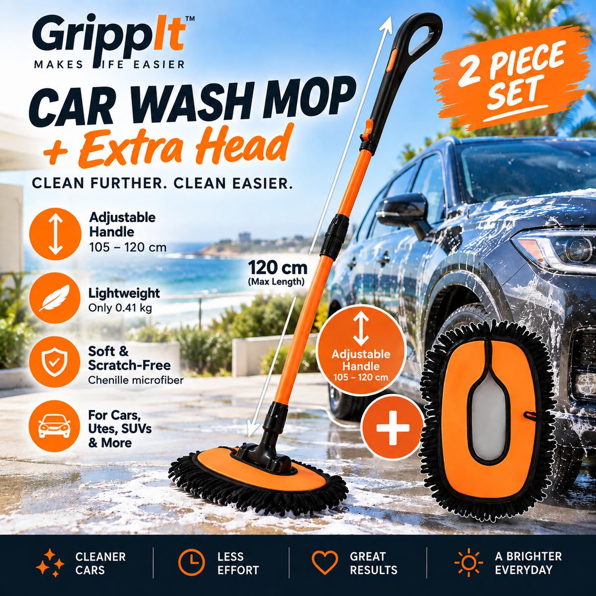 Car wash mop with 120 cm adjustable handle and extra chenille mop head, 2-piece set for cars, SUVs and utes