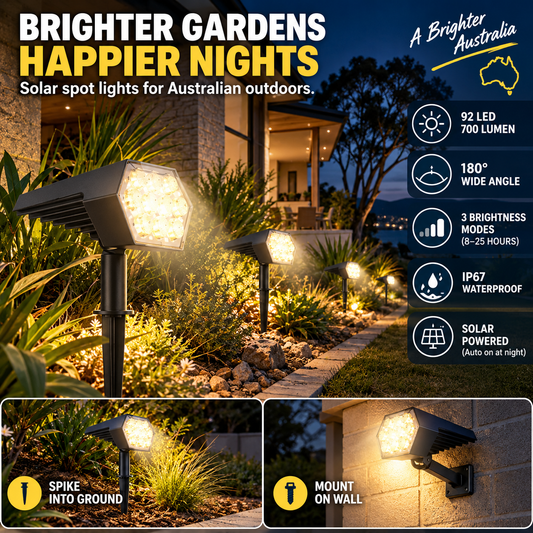 92 LED solar garden spotlights with 700 lumens, 3 brightness modes and IP67 waterproof design