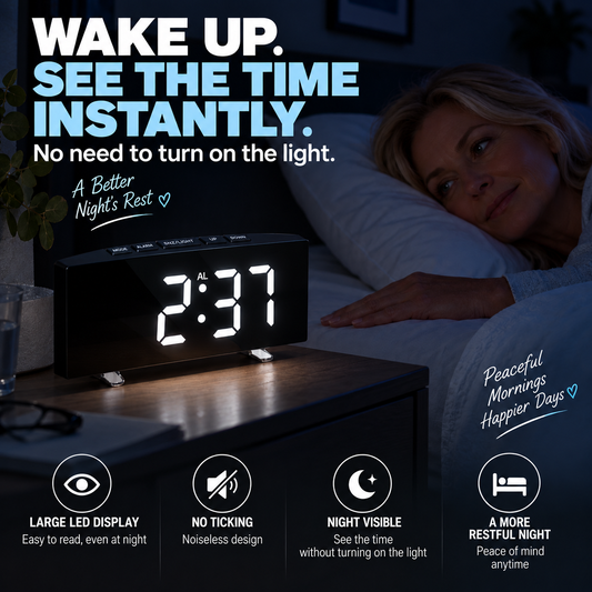 Digital LED alarm clock with large easy-to-read display on a bedside table, ideal for checking the time at night without turning on the light