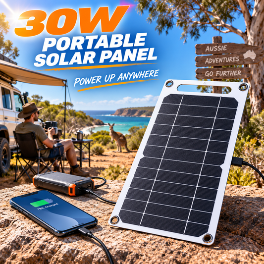 Portable 30W solar panel charging a smartphone at an outdoor camping site in Australia