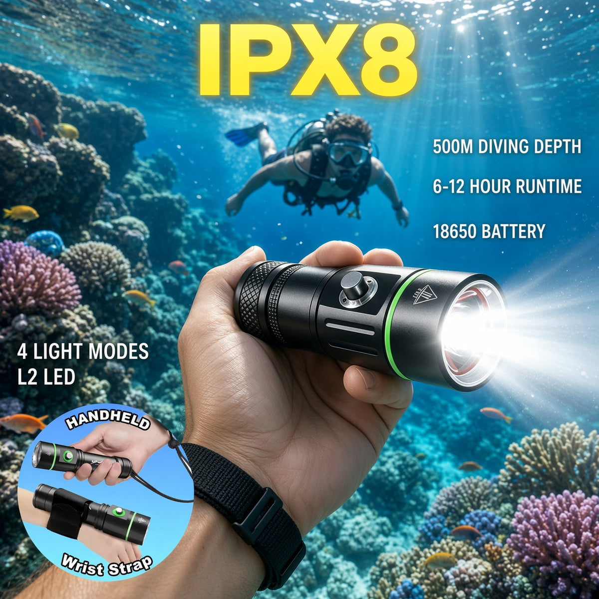 IPX8 diving torch with L2 LED, 500m diving depth and 18650 battery