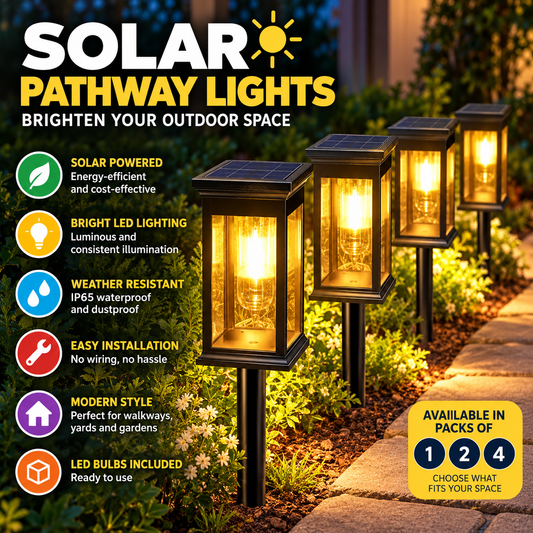 Solar LED pathway lights illuminating an outdoor garden walkway at night
