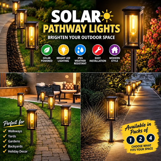 Solar LED pathway lights illuminating garden paths, yards and outdoor walkways at night