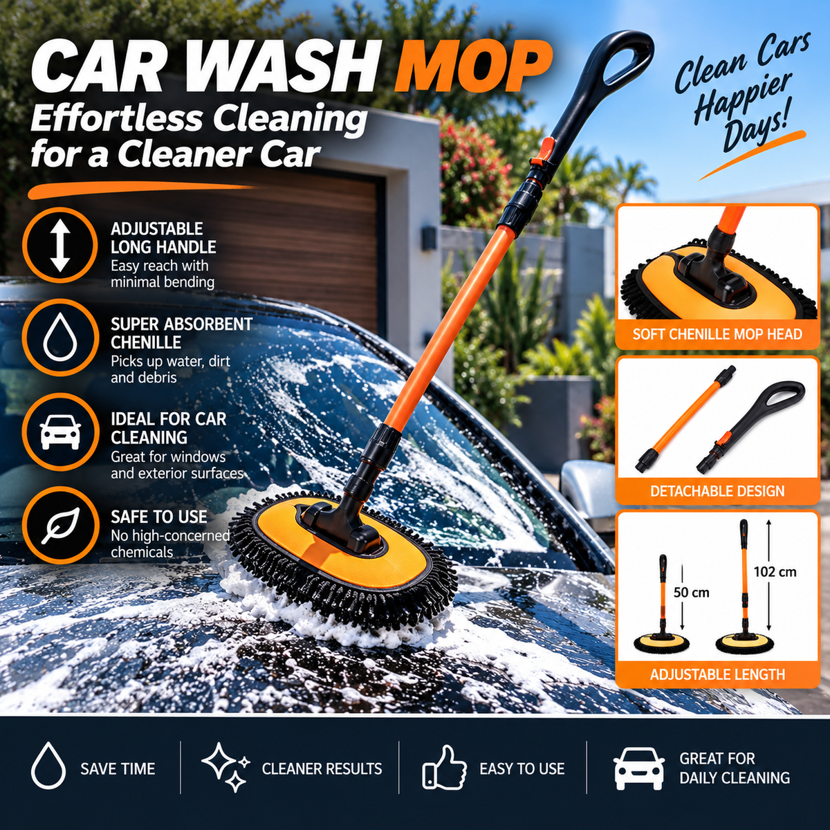 Adjustable long handle chenille car wash mop with soft absorbent head for cleaning cars, SUVs and windows