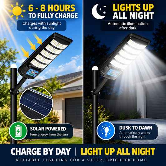 Solar LED outdoor light charging by day with dusk-to-dawn illumination at night
