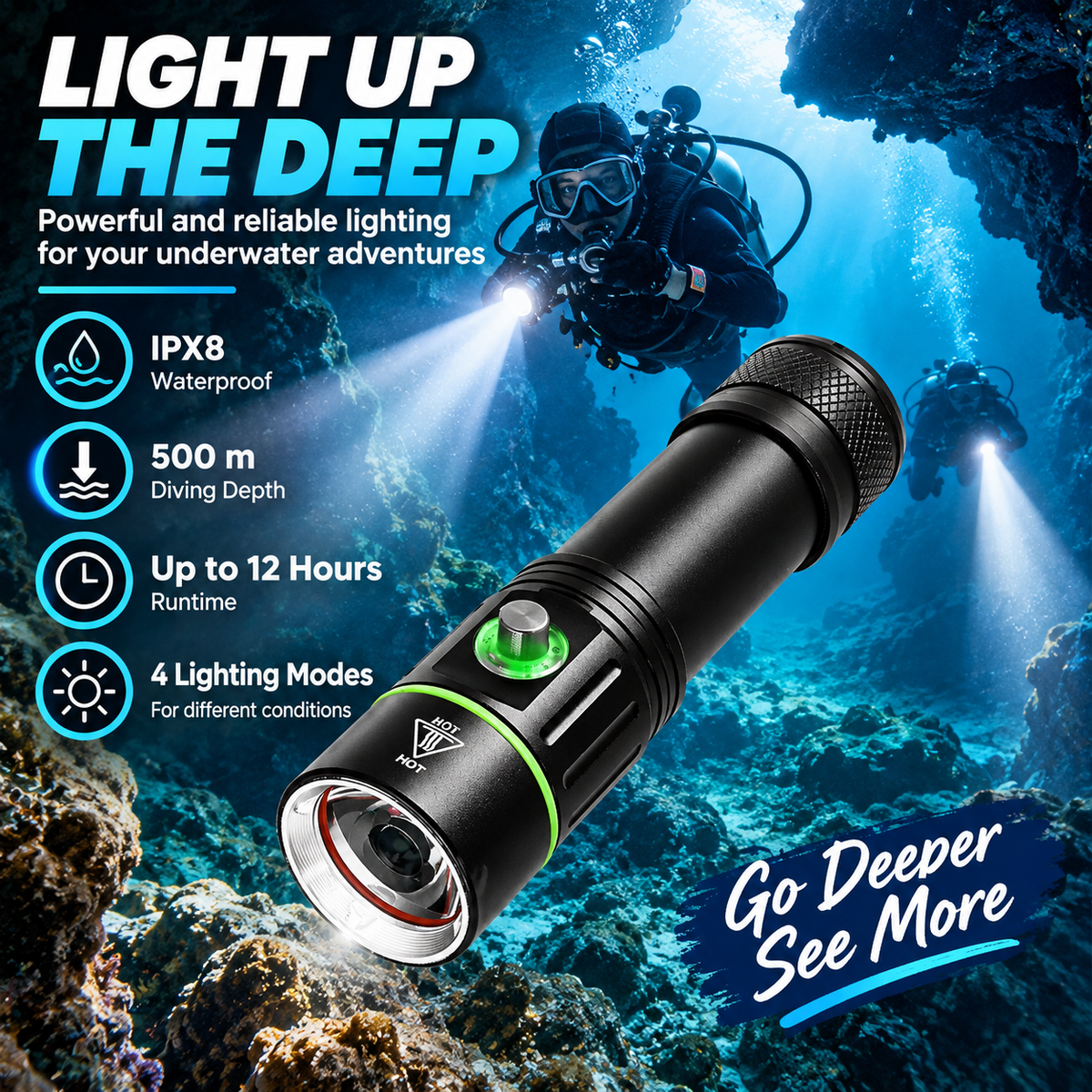 IPX8 diving torch with 500m rated diving depth, up to 12 hours runtime and 4 lighting modes