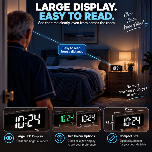 Digital LED alarm clock with large easy-to-read display, two colour options and compact 17 cm design for bedside tables and bedrooms