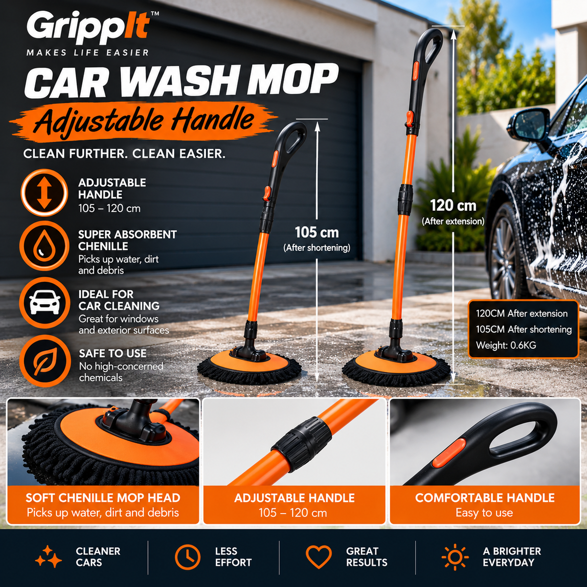 Adjustable long handle chenille car wash mop with soft absorbent head for cleaning cars, windows and exterior surfaces