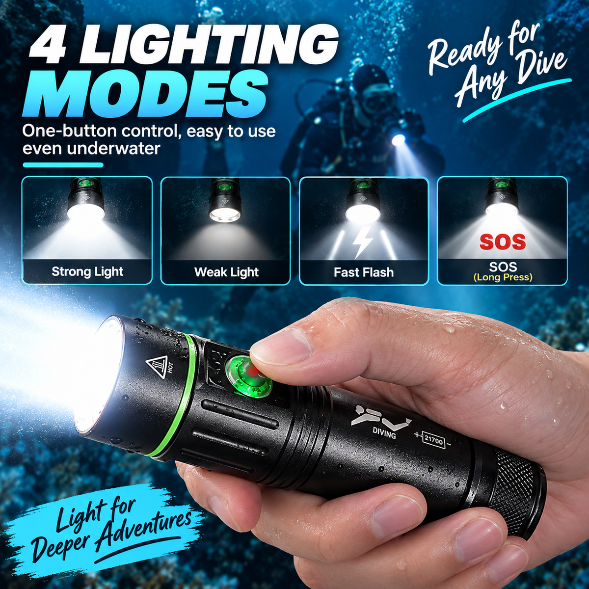 IPX8 diving torch with 4 lighting modes including strong, low, flash and SOS for underwater use