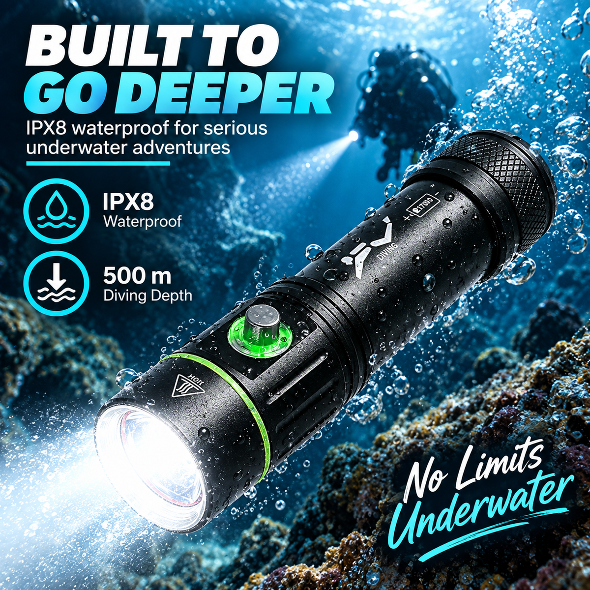IPX8 waterproof diving torch rated for underwater use at depths up to 500 metres