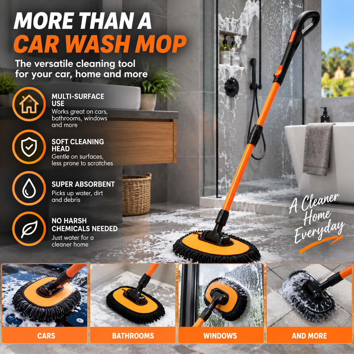 Long handle chenille car wash mop for cleaning cars, bathrooms, windows and other household surfaces