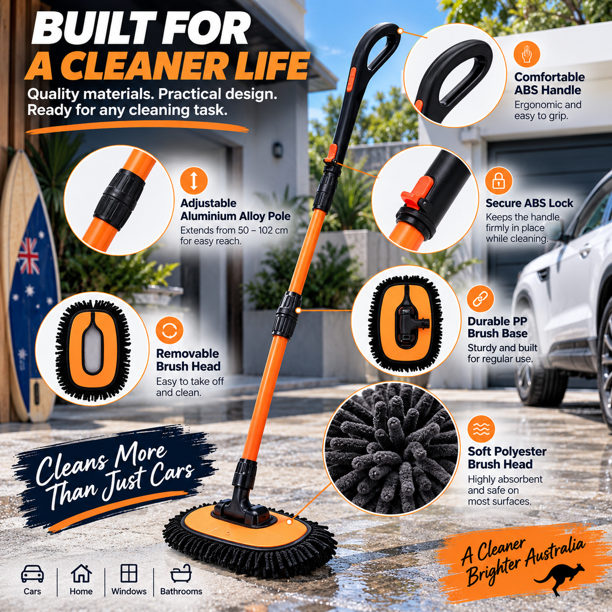 Adjustable long handle chenille car wash mop with removable brush head, ABS handle and aluminium alloy pole