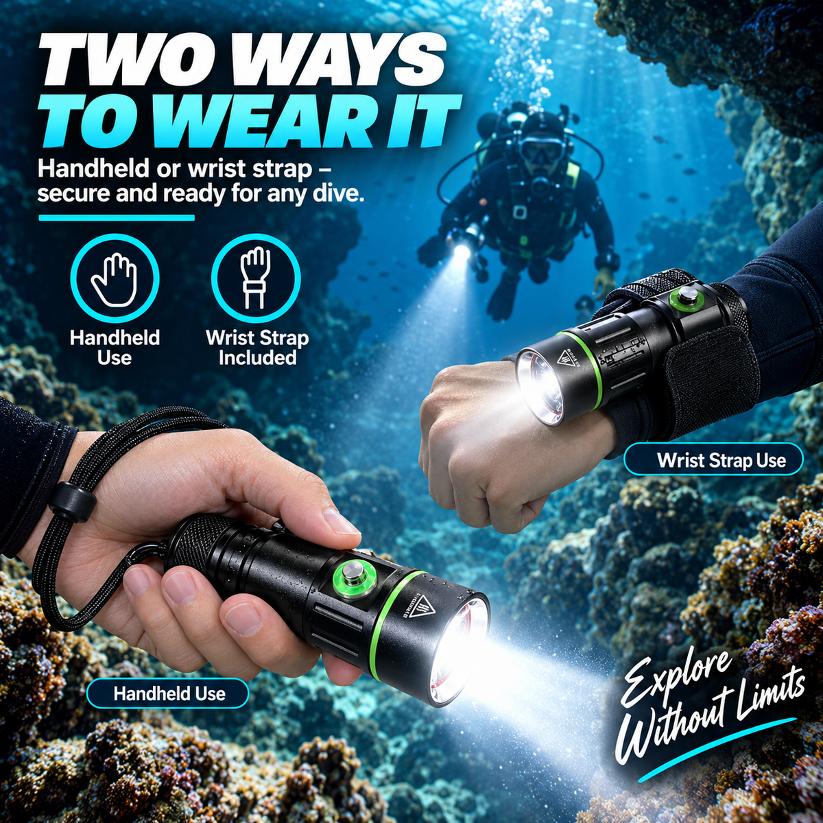 IPX8 diving torch with handheld use and secure wrist strap for underwater diving