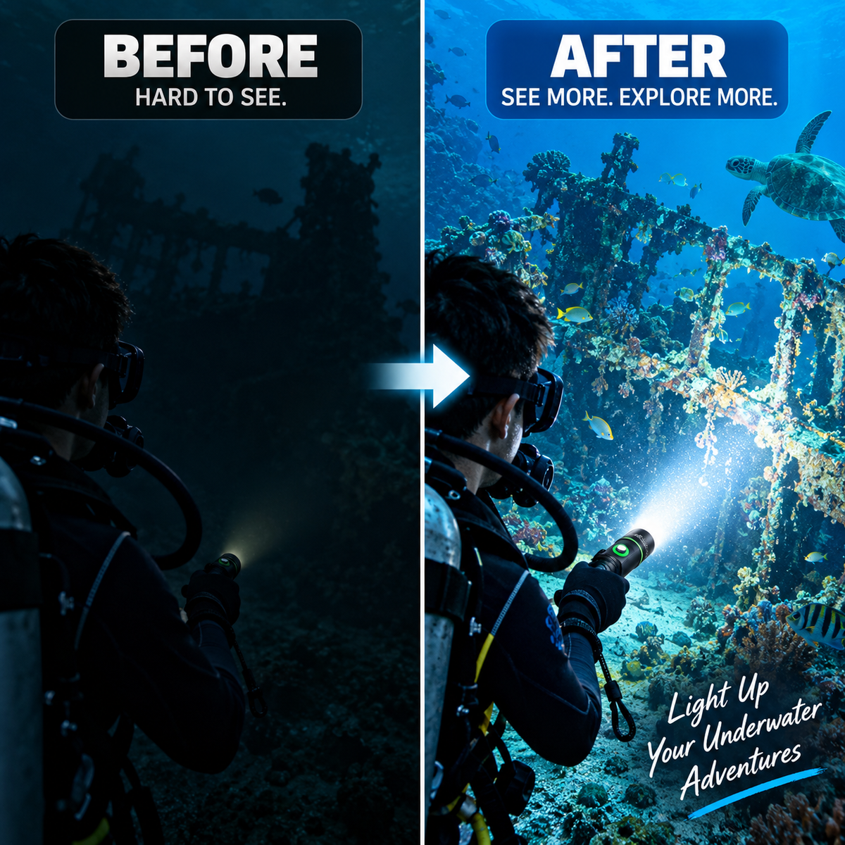 Before and after underwater visibility comparison showing a diver using an IPX8 diving torch