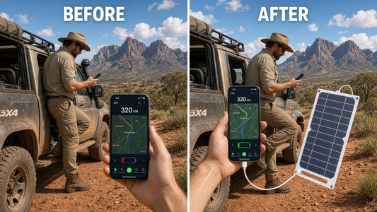Portable 5V USB solar charger powering a smartphone outdoors during an off-grid road trip
