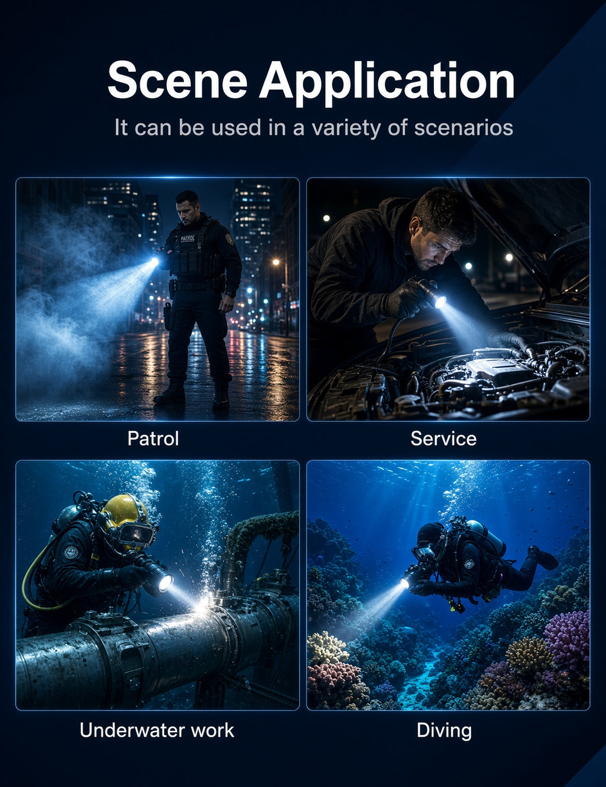 IPX8 diving torch for diving, underwater work, vehicle servicing and night-time outdoor use
