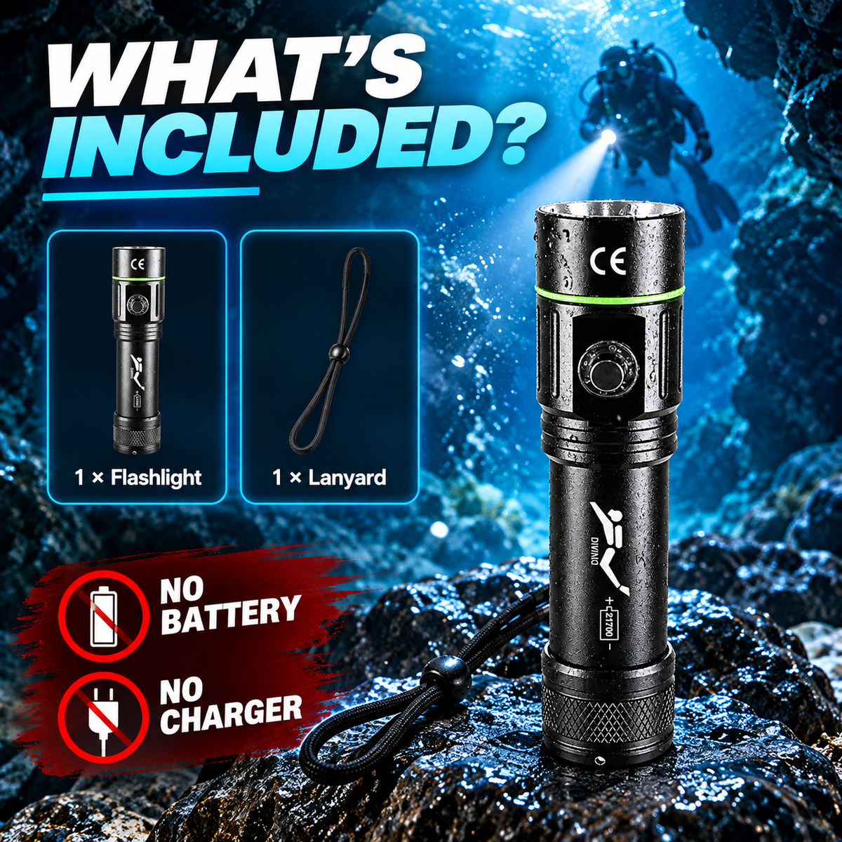 IPX8 diving torch set without battery, including waterproof flashlight and lanyard for underwater use