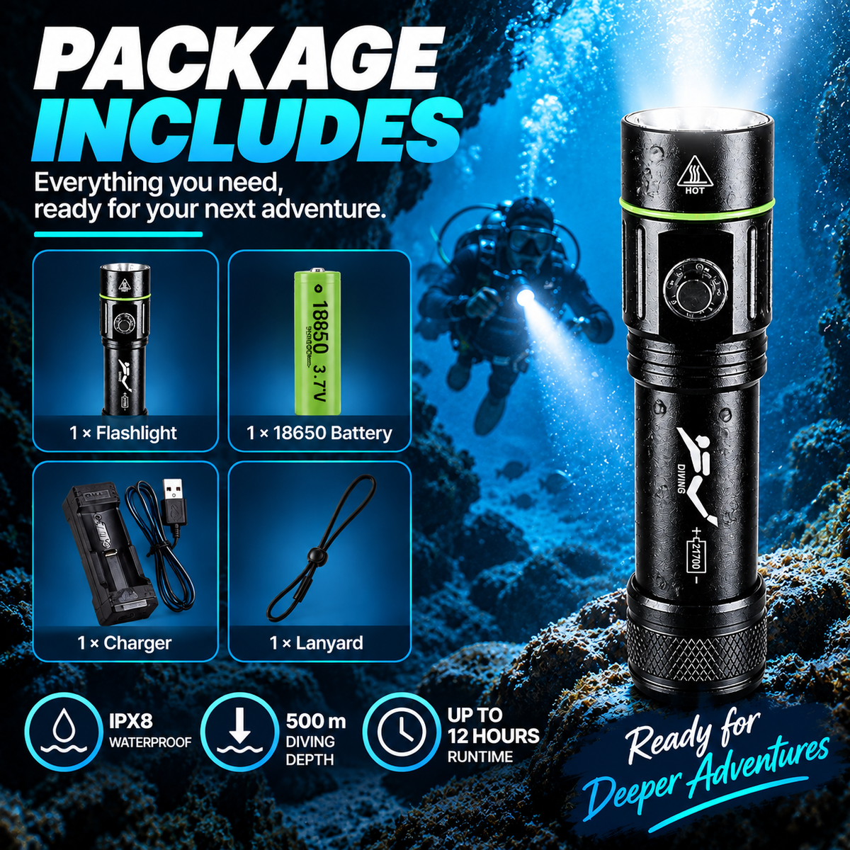 IPX8 diving torch set with 18650 battery, charger and lanyard for underwater diving and outdoor use