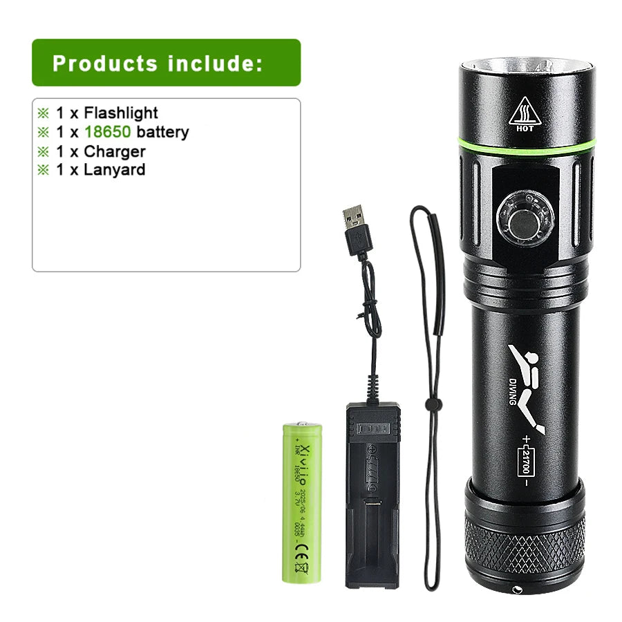 Professional IPX8 diving torch set with 18650 rechargeable battery, charger and lanyard