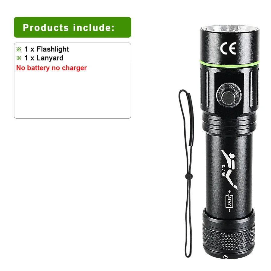 Professional IPX8 diving torch with lanyard, supplied without battery or charger