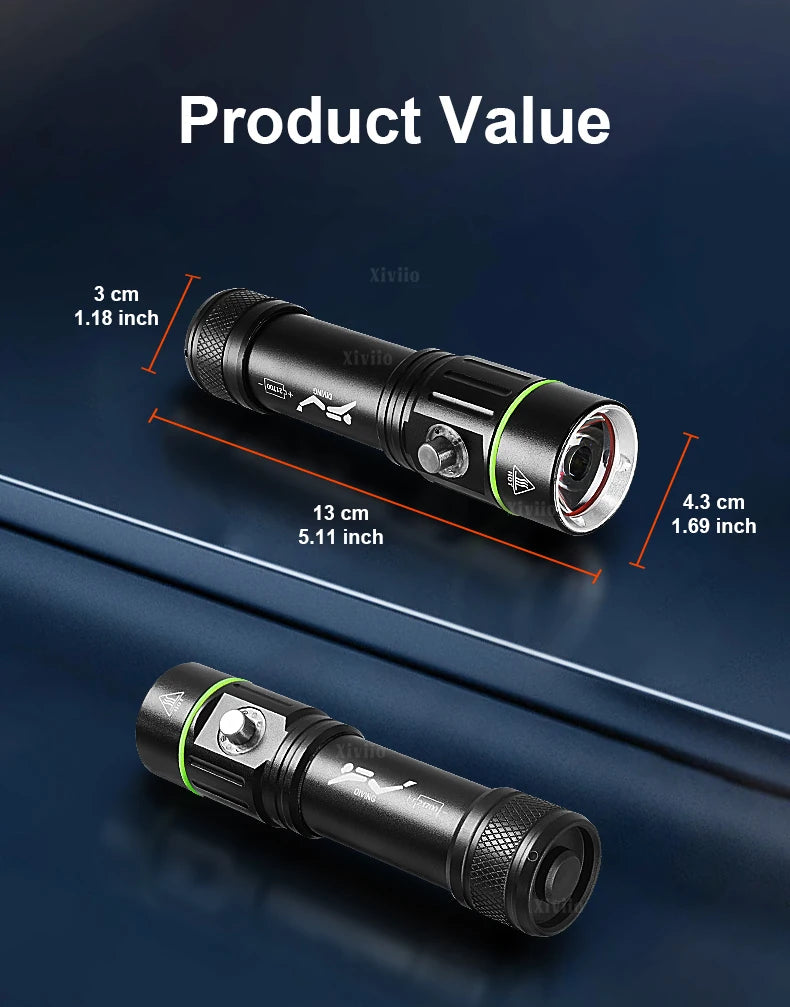 Compact IPX8 diving torch measuring 13 cm long with a 4.3 cm front diameter and 3 cm rear diameter