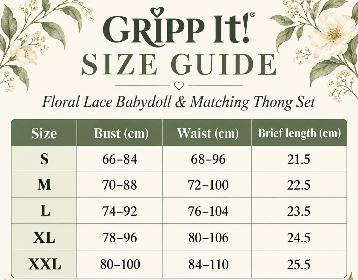 Size guide for the floral lace babydoll and thong set in S–XXL, with bust, waist and brief length measurements in centimetres