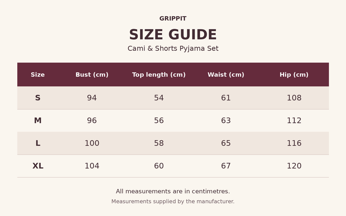 Size guide for the cami and shorts pyjama set, with bust, top length, waist and hip measurements in centimetres for S, M, L and XL