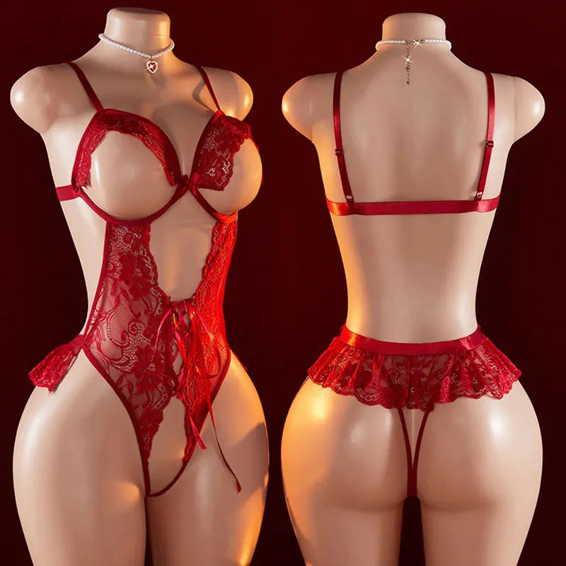 Front and back views of a red floral lace open-cup bodysuit on display mannequins