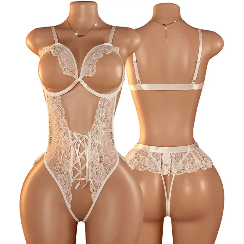 Front and back views of a white floral lace open-cup bodysuit on display mannequins